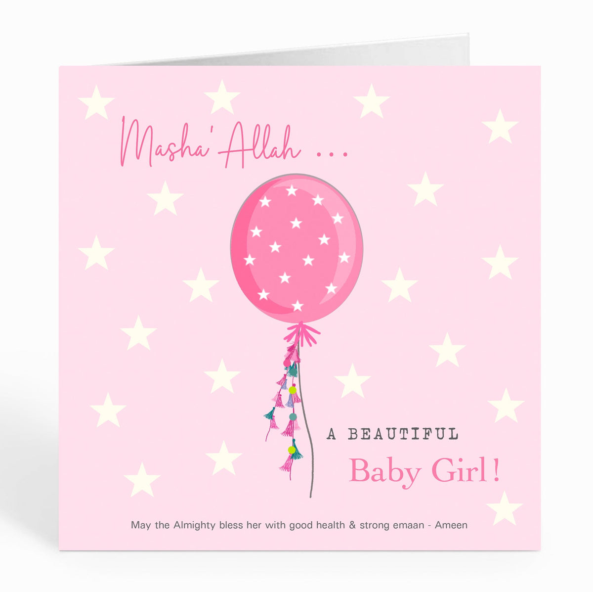 Masha'Allah... A Beautiful Baby Girl - Pink Balloon with White Stars Card