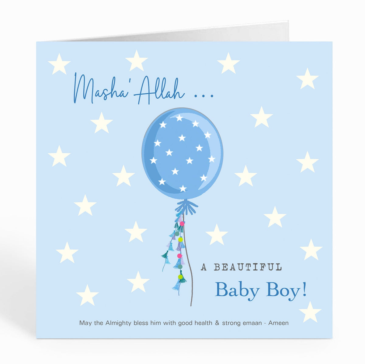 Masha'Allah... A Beautiful Baby Boy - Blue Balloon with White Stars Card