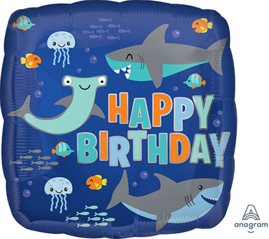 Happy Birthday Sharks 18" Round Foil Balloon with Helium